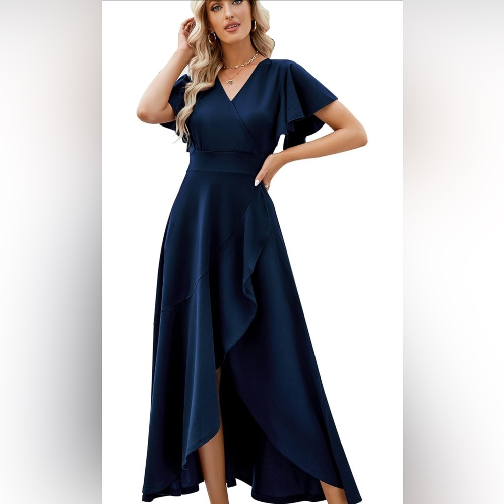 Long Navy Blue Split Elegant V Neck Wrap Ruffle Wedding Guest Dresses